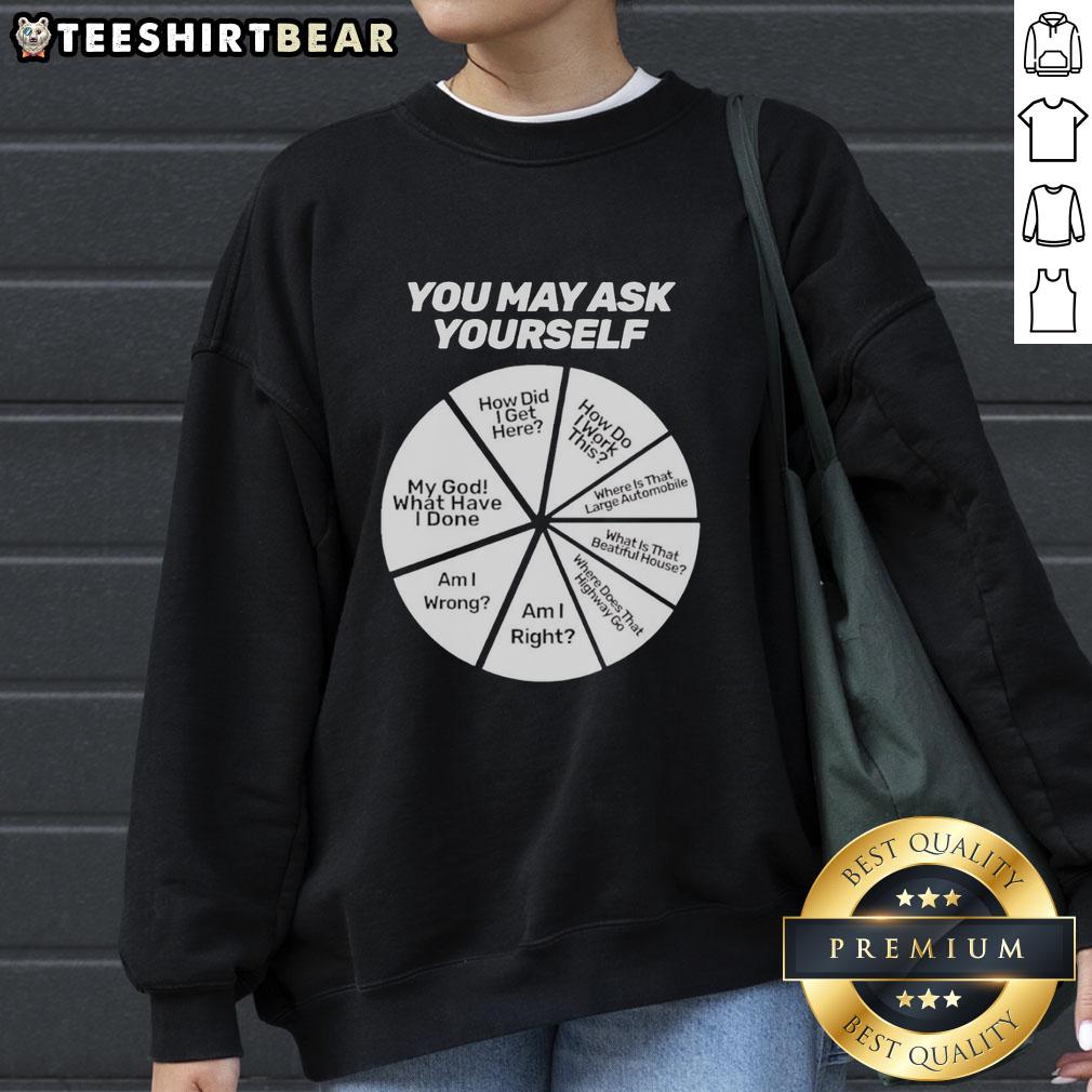 Happy sweatshirt featuring the phrase 'My God, What Have I Done?' for a humorous twist on self-reflection and life choices.