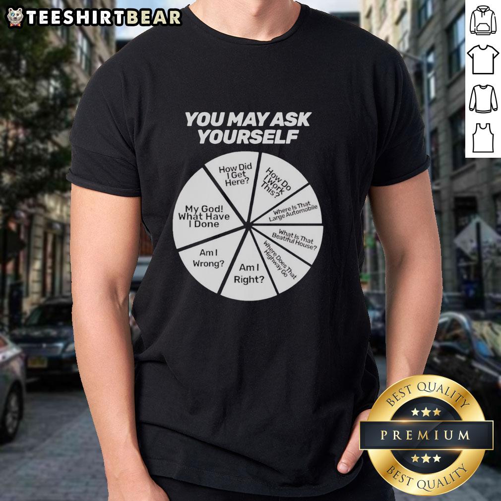 Alt Text: Happy You May Ask Yourself My God What Have I Done How Did I Get Here Am I Wrong T-Shirt design featuring bold text.