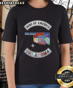 Hot Son of America Oklahoma map with sports logos on a ladies' tee, perfect for proud Oklahoma fans and sports enthusiasts.