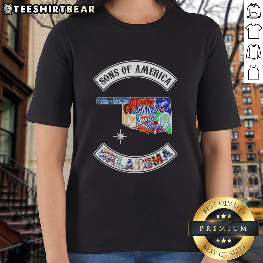 Hot Son of America Oklahoma map with sports logos on a ladies' tee, perfect for proud Oklahoma fans and sports enthusiasts.