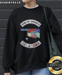 Alt Text: Hot Son of America Oklahoma Map Sports Logos Combine Sweatshirt featuring vibrant graphics and state pride design.