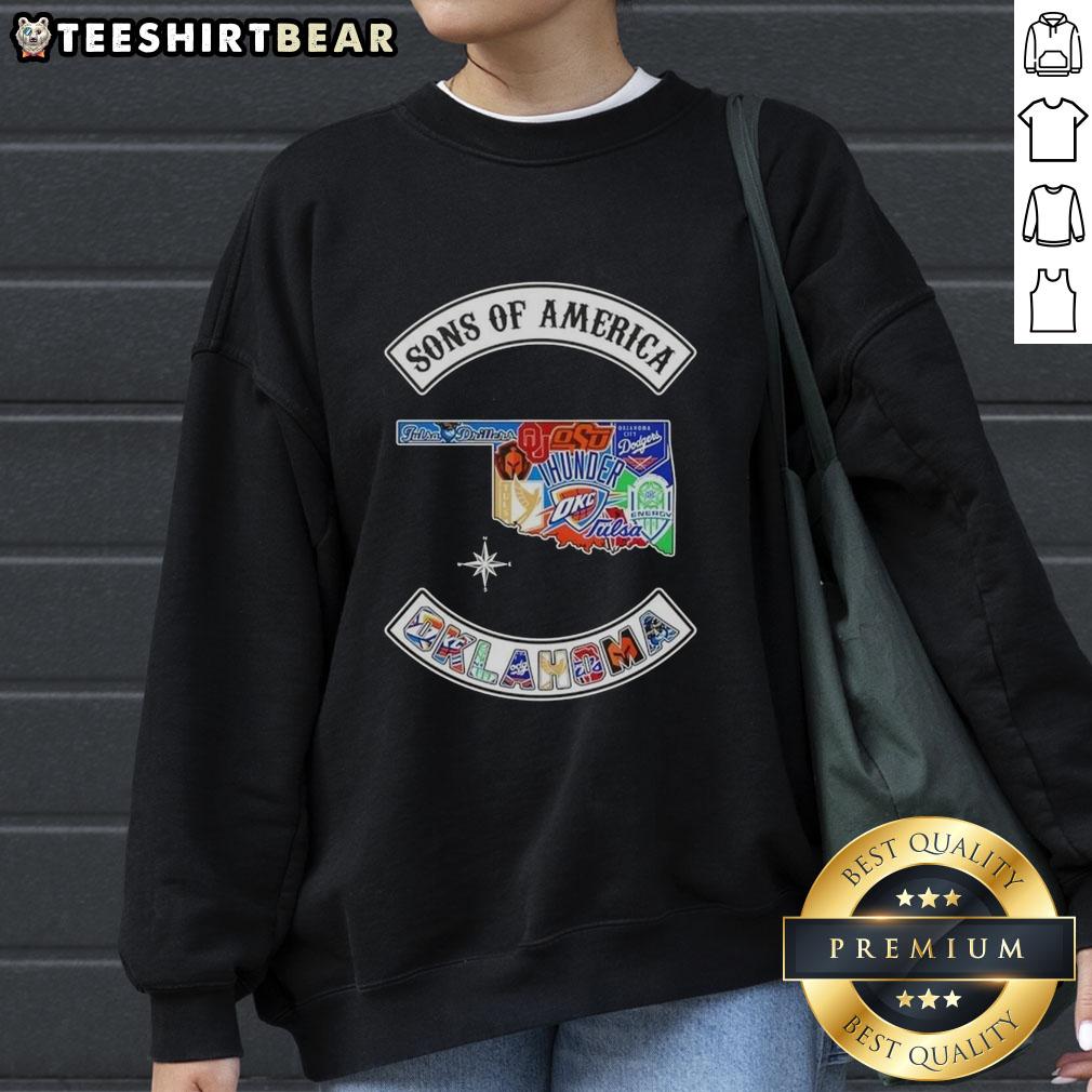 Alt Text: Hot Son of America Oklahoma Map Sports Logos Combine Sweatshirt featuring vibrant graphics and state pride design.