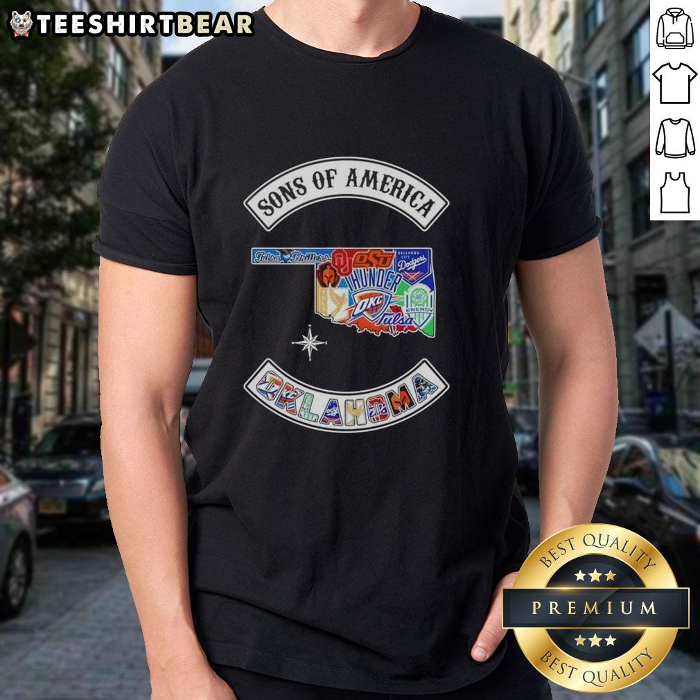 Hot Son Of America Oklahoma Map Sports Logos Combine T-Shirt featuring vibrant graphics and state pride design.