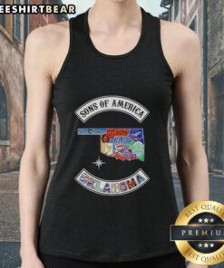 Alt Text: Hot Son of America Oklahoma Map Sports Logos Combine Tank Top featuring vibrant state and sports team graphics.