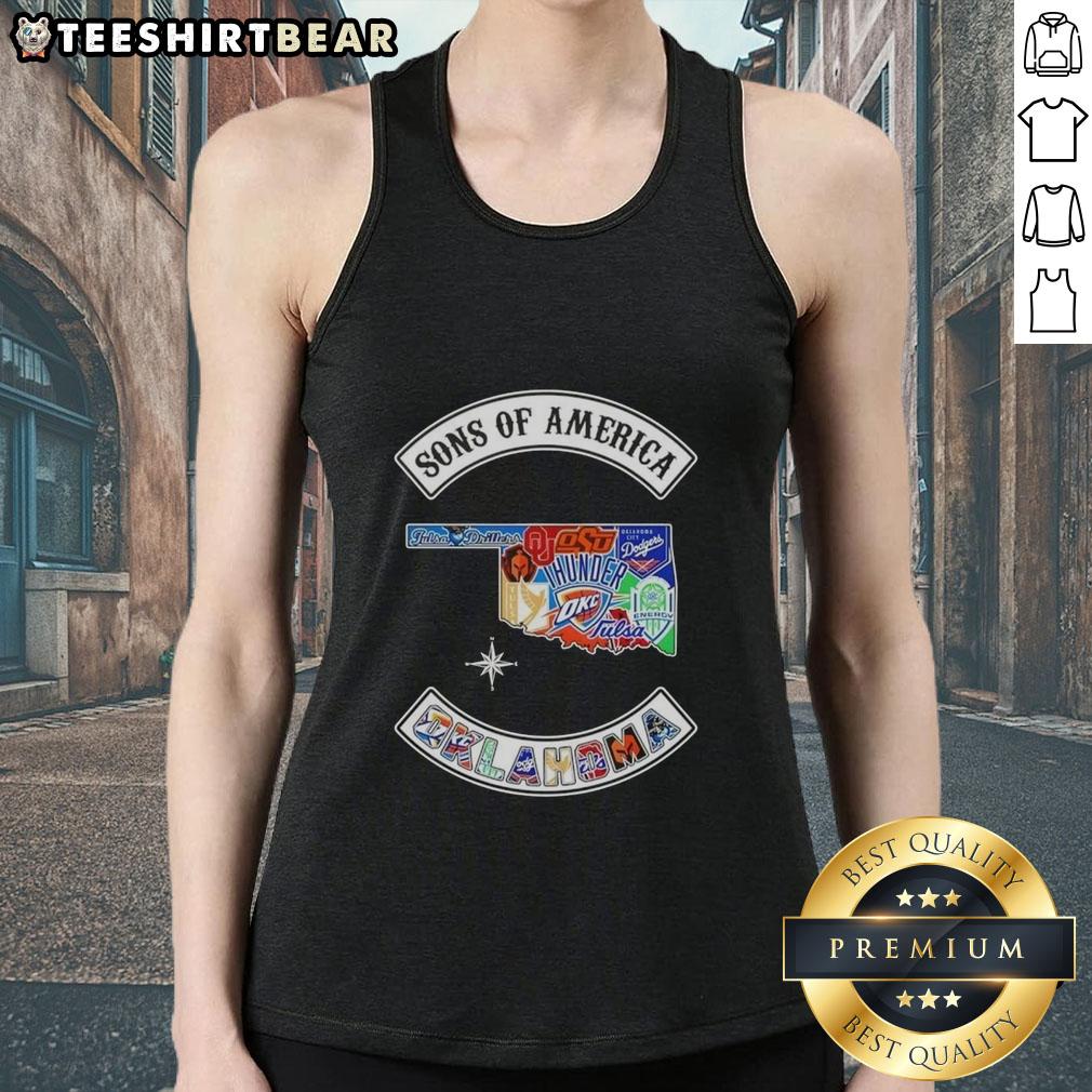 Alt Text: Hot Son of America Oklahoma Map Sports Logos Combine Tank Top featuring vibrant state and sports team graphics.