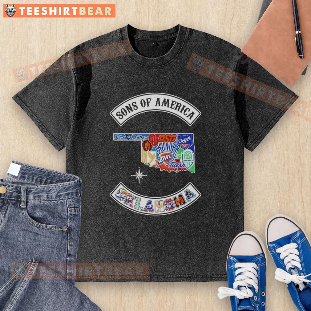 Alt Text: Hot Son of America Oklahoma Map Sports Logos Combine Washed T-Shirt featuring vibrant state logos and a stylish design.