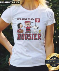 Nice Indiana Hoosiers Peanuts tee shirt for ladies with 'It's a Great Day to Be a Hoosier' design, perfect for fans.