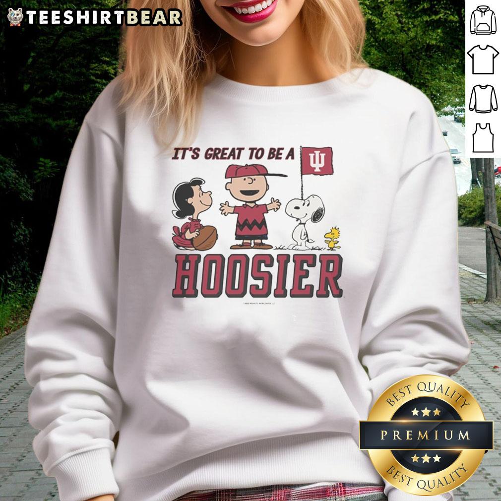 Nice Indiana Hoosiers Peanuts sweatshirt featuring 'It's a Great Day to Be a Hoosier' design in vibrant colors.