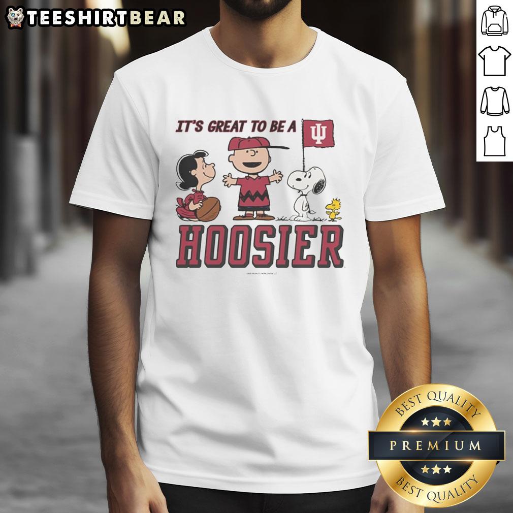 Alt Text: Indiana Hoosiers Peanuts t-shirt featuring 'It's A Great Day To Be A Hoosier' design, perfect for fans.