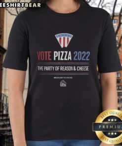 Alt Text: Nice Vote Pizza 2022 logo flag on a ladies tee, promoting The Party of Reason and Cheese with vibrant colors.