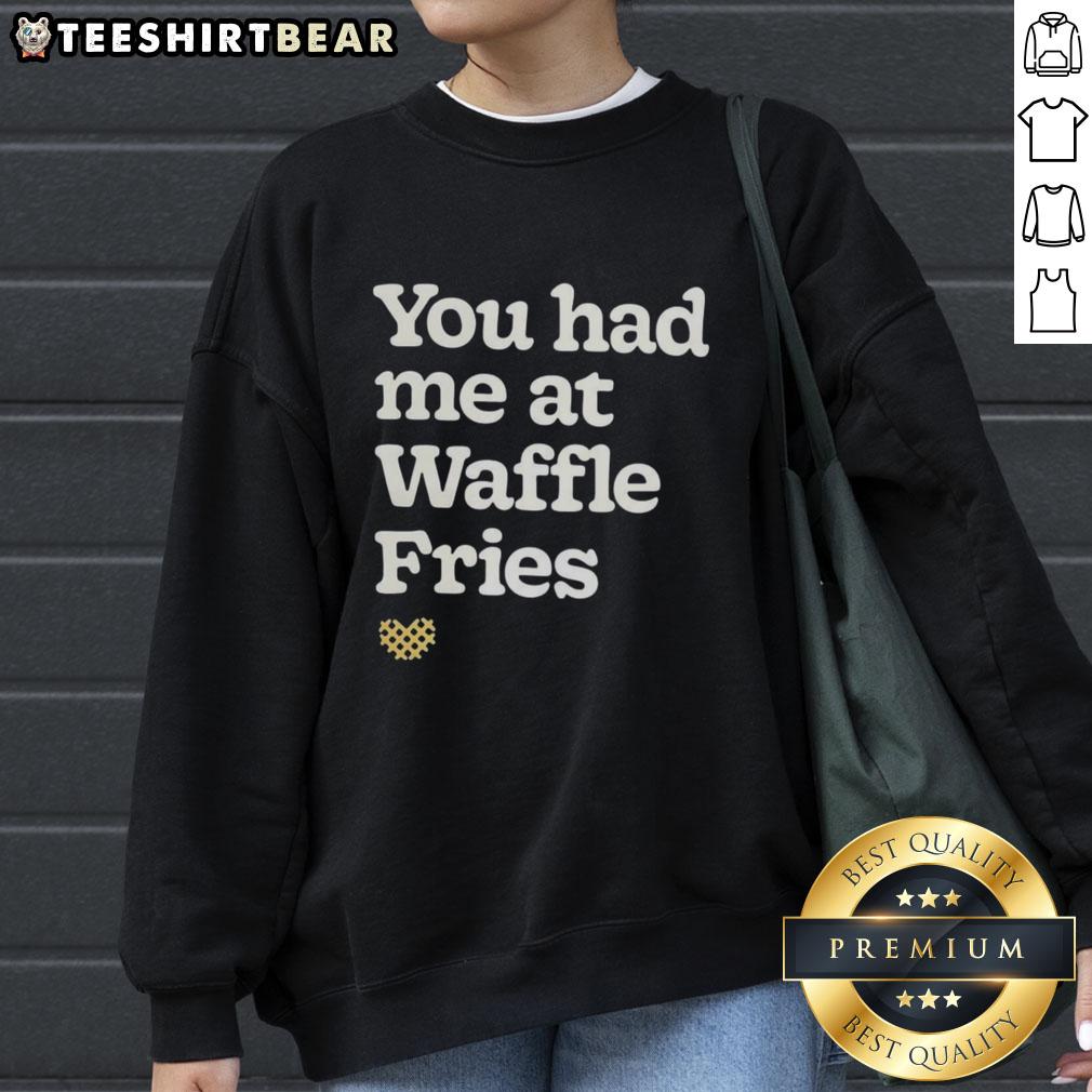Cozy 'Nice You Had Me at Waffle Fries' sweatshirt featuring fast food lettering design, perfect for casual outings.