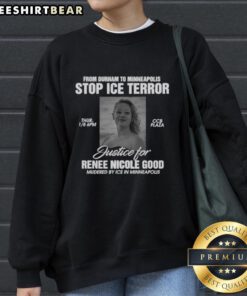 Protesters wearing 'Justice for Renee Nicole Goode' sweatshirts at the Stop ICE Terror rally from Durham to Minneapolis.