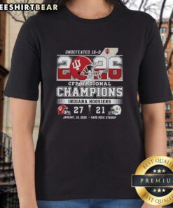 Official Hoosiers Indiana CFP National Champions 2026 Undefeated Final Score Helmet Ladies Tee in vibrant colors.