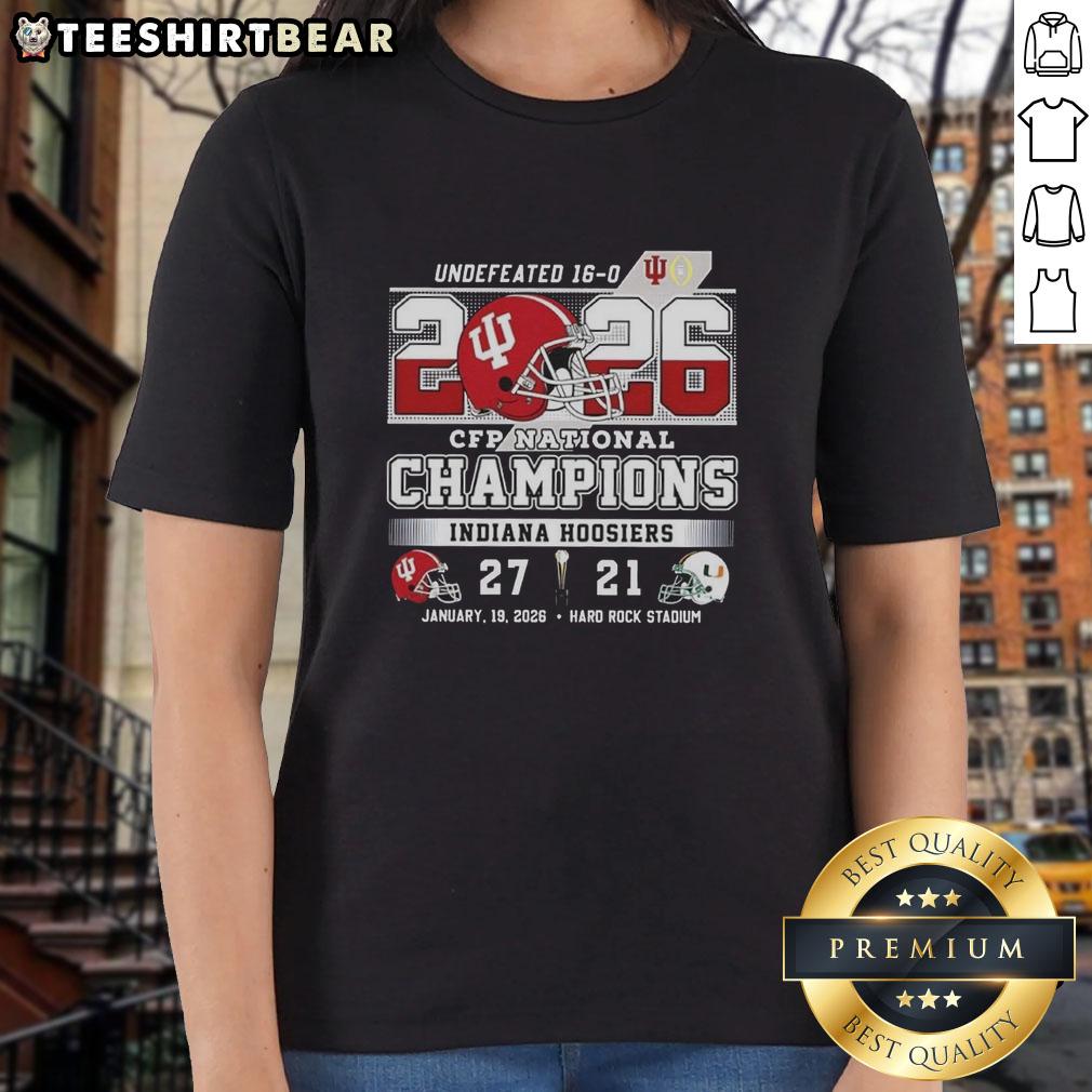Official Hoosiers Indiana CFP National Champions 2026 Undefeated Final Score Helmet Ladies Tee in vibrant colors.