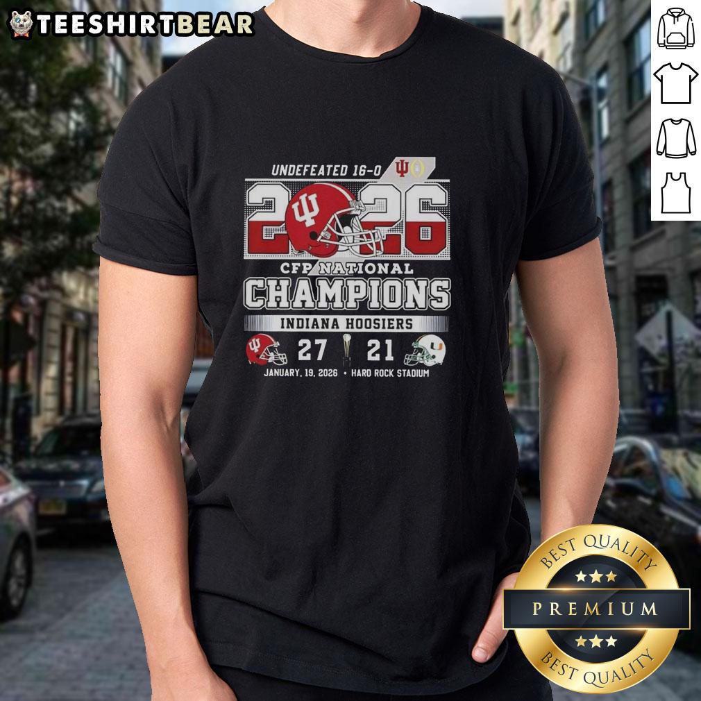 Alt Text: Official Hoosiers Indiana CFP National Champions 2026 Undefeated Final Score Helmet T-Shirt design featuring team colors.