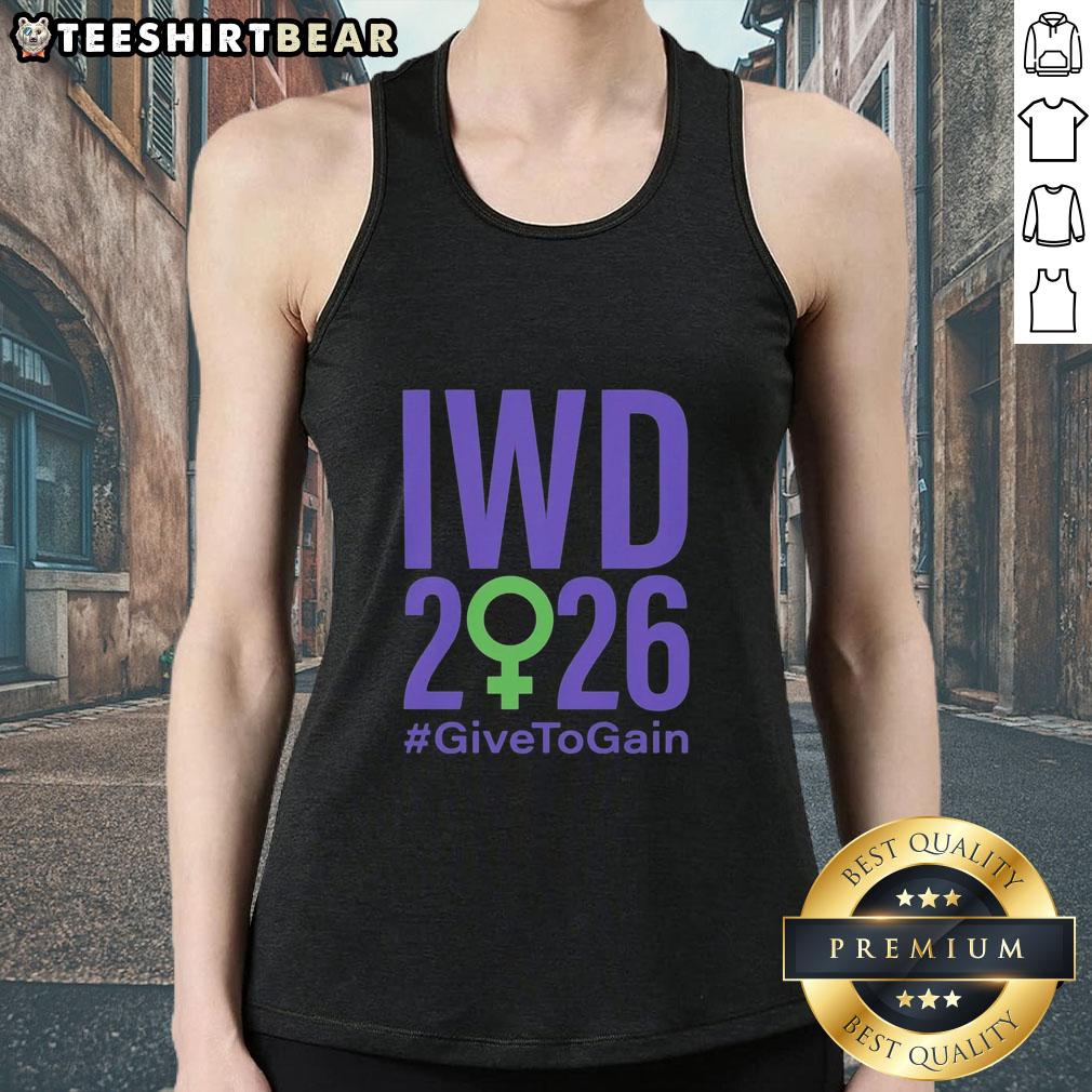 Official International Women's Day 2026 Give To Gain Tank Top, featuring a vibrant design celebrating women's empowerment.