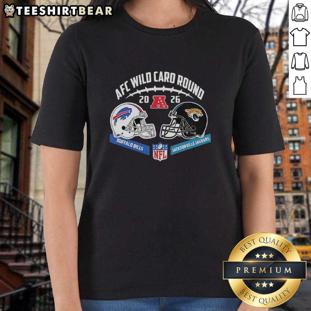 Alt Text: Official Jacksonville Jaguars vs Buffalo Bills AFC Wild Card Game helmet matchup on ladies tee shirt.