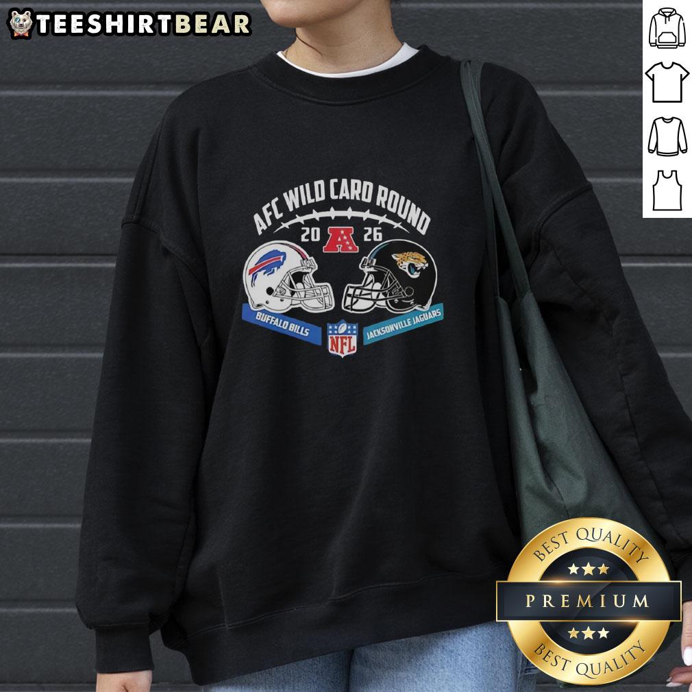 Alt Text: Official Jacksonville Jaguars vs Buffalo Bills AFC Wild Card Game sweatshirt featuring helmet matchup design.