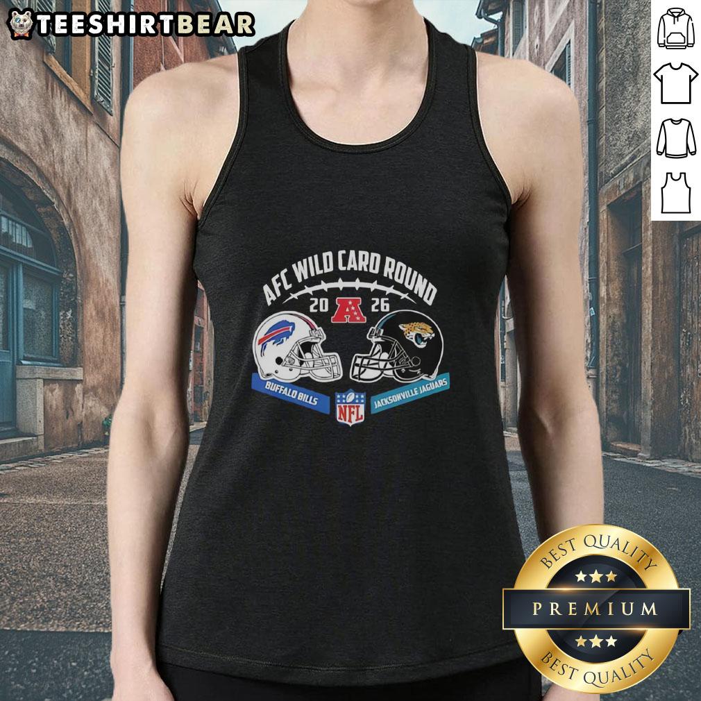Official Jacksonville Jaguars vs Buffalo Bills AFC Wild Card Game helmet matchup tank top featuring team logos.