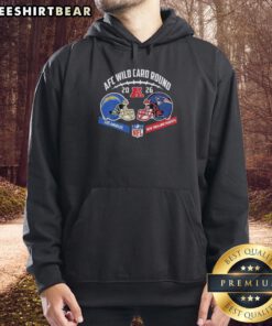Alt Text: Official Los Angeles Chargers vs New England Patriots 2026 AFC Wild Card Round helmet hoodie, showcasing team logos and colors.