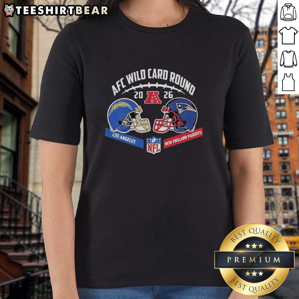 Official Los Angeles Chargers vs New England Patriots 2026 AFC Wild Card Round ladies tee featuring team logos.