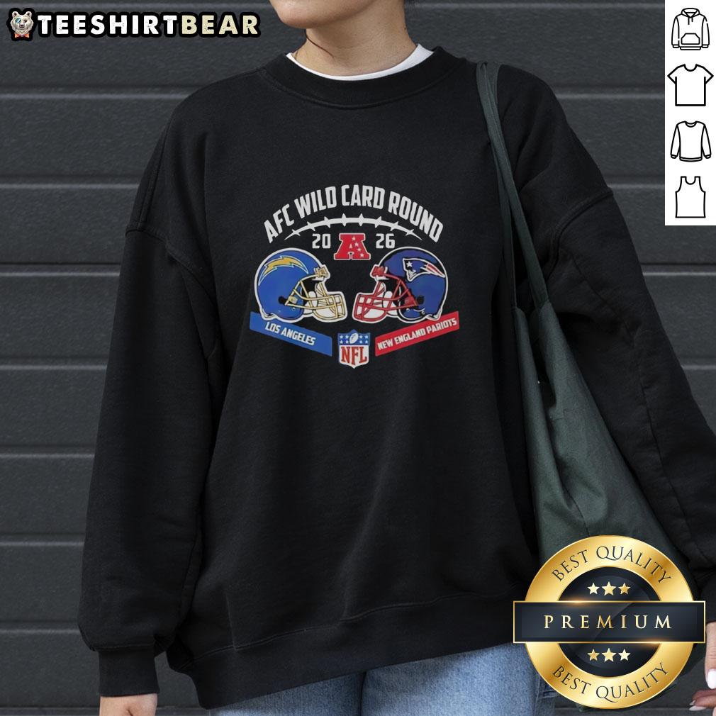 Alt Text: Official Los Angeles Chargers vs New England Patriots 2026 AFC Wild Card Round helmet sweatshirt in team colors.