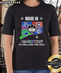 Made In Connecticut A Long Long Time Ago state mashup logo on a ladies tee, perfect for CT fans and team spirit.