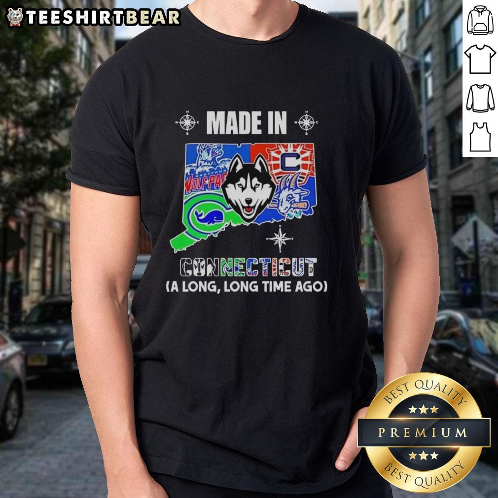 Alt Text: Official Made In Connecticut A Long Long Time Ago State Mashup Logo T-Shirt featuring unique team designs.