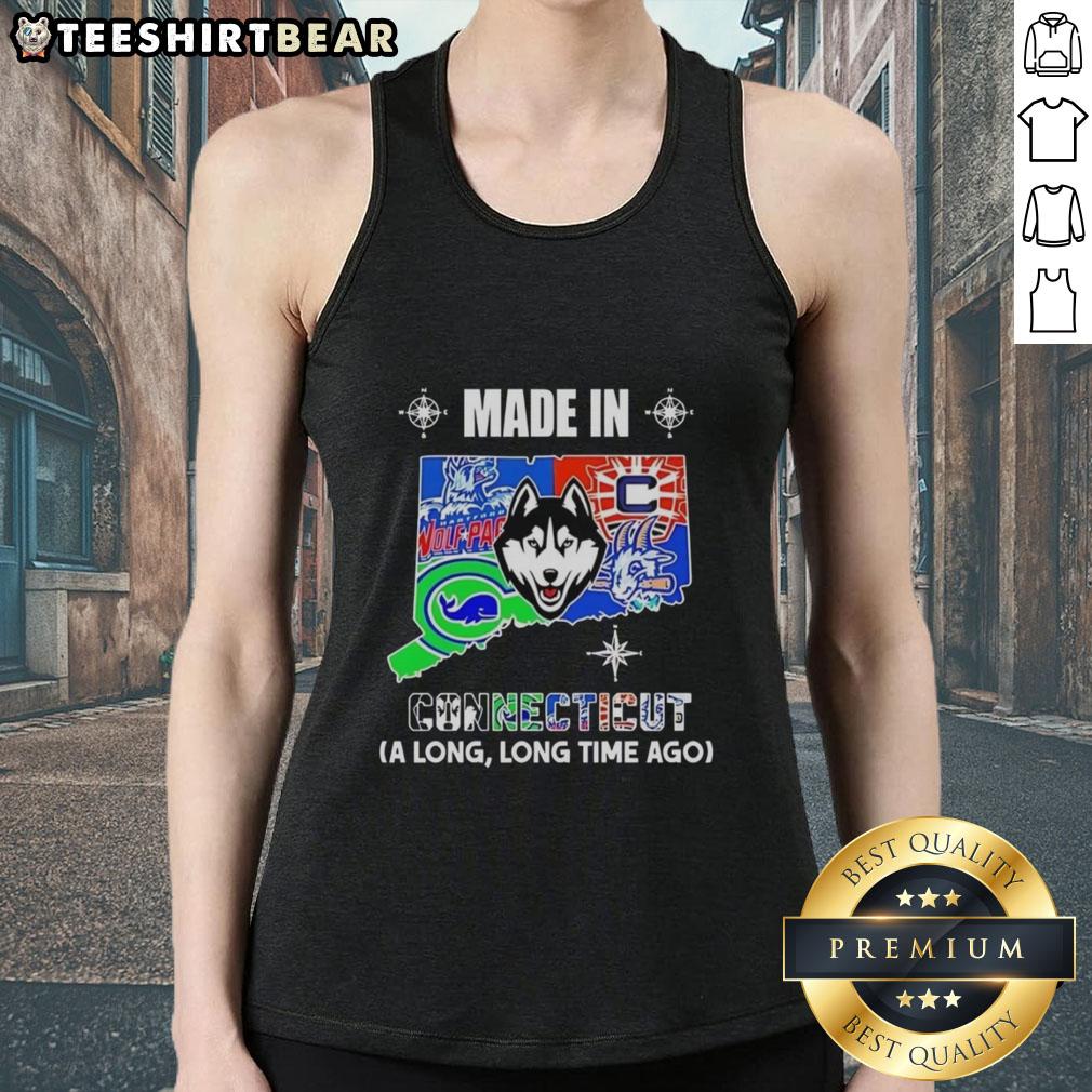 Alt Text: Official Made in Connecticut tank top featuring a vintage mashup logo of state teams, perfect for local pride.