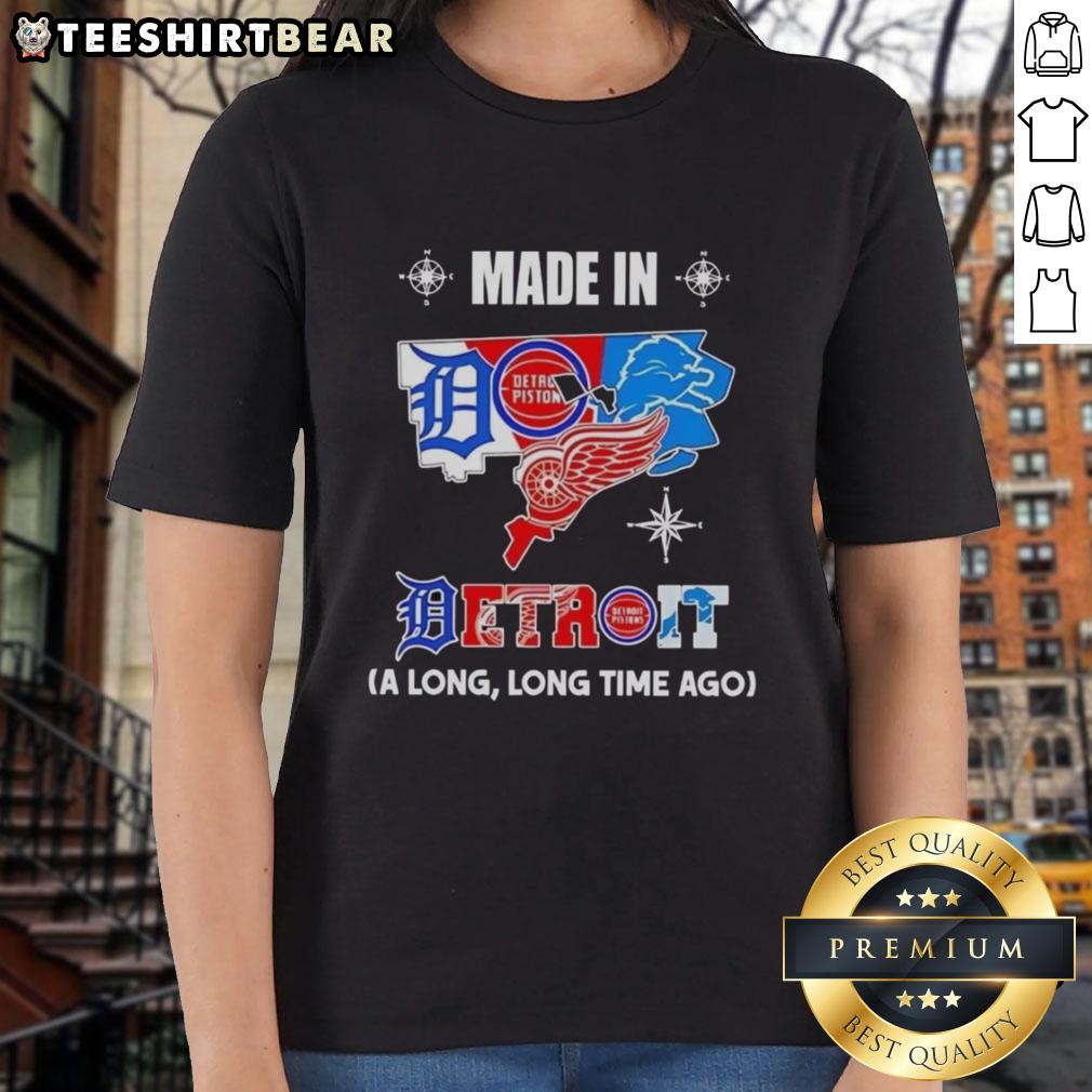 Alt Text: Made in Detroit logo on a ladies tee, featuring a vintage mashup design celebrating local teams and heritage.