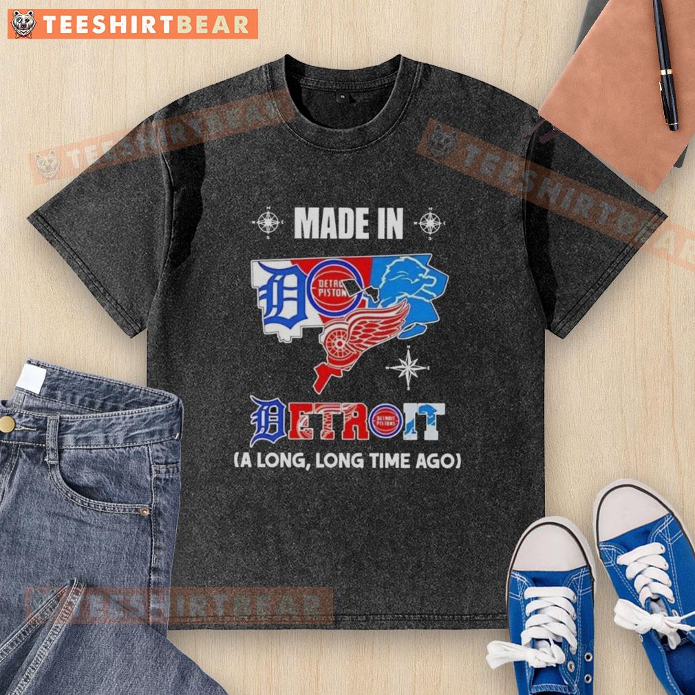 Alt Text: Official Made in Detroit A Long Long Time Ago State Mashup Logo on a Teams Washed T-Shirt, showcasing unique design.