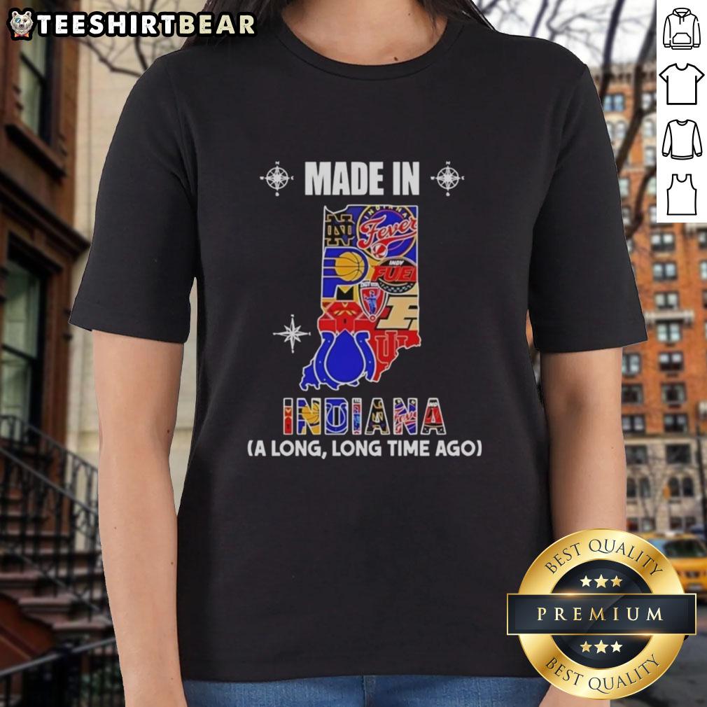 Official Made in Indiana A Long Long Time Ago State Mashup Logo on Ladies Tee - Stylish Indiana-themed apparel.