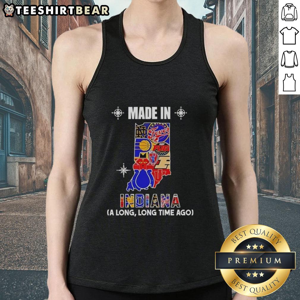 Made In Indiana A Long Time Ago state mashup logo tank top featuring vibrant colors and unique team designs.