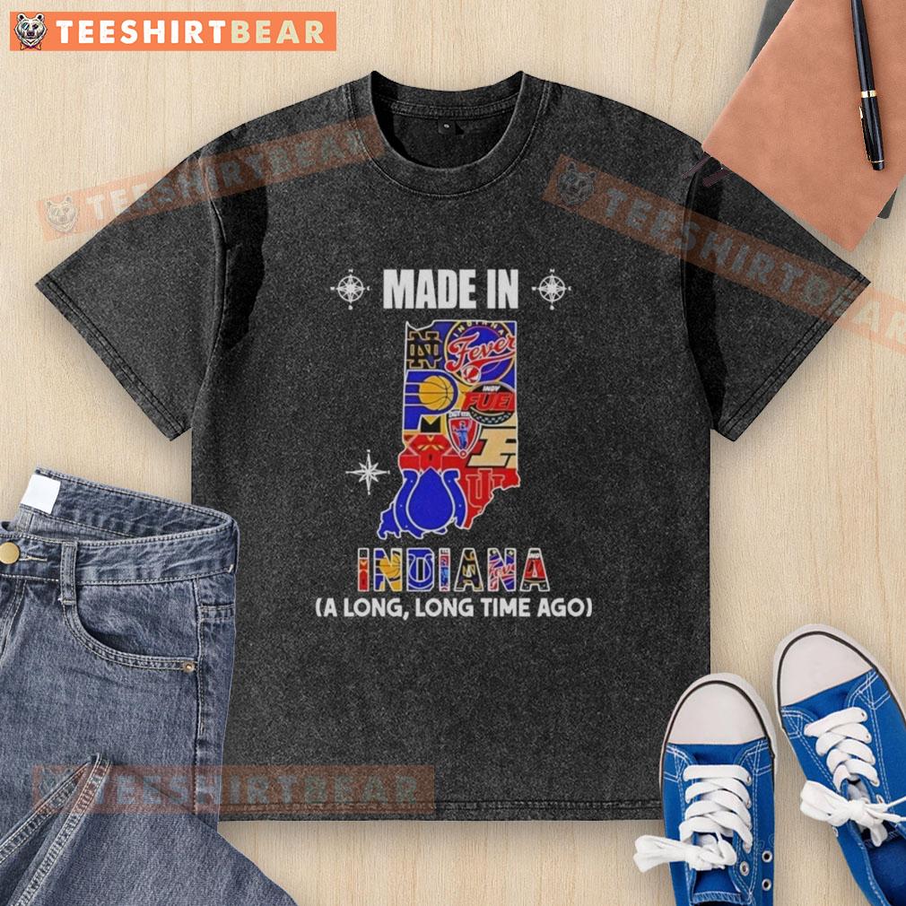 Alt Text: Official Made in Indiana A Long Long Time Ago state mashup logo on a washed t-shirt, perfect for Indiana fans.