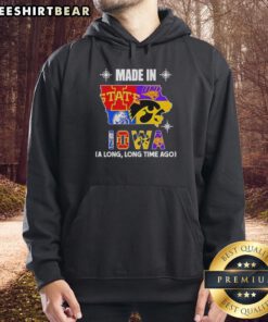 Alt Text: Official Made In Iowa long sleeve hoodie featuring a vintage state mashup logo, perfect for team spirit and comfort.