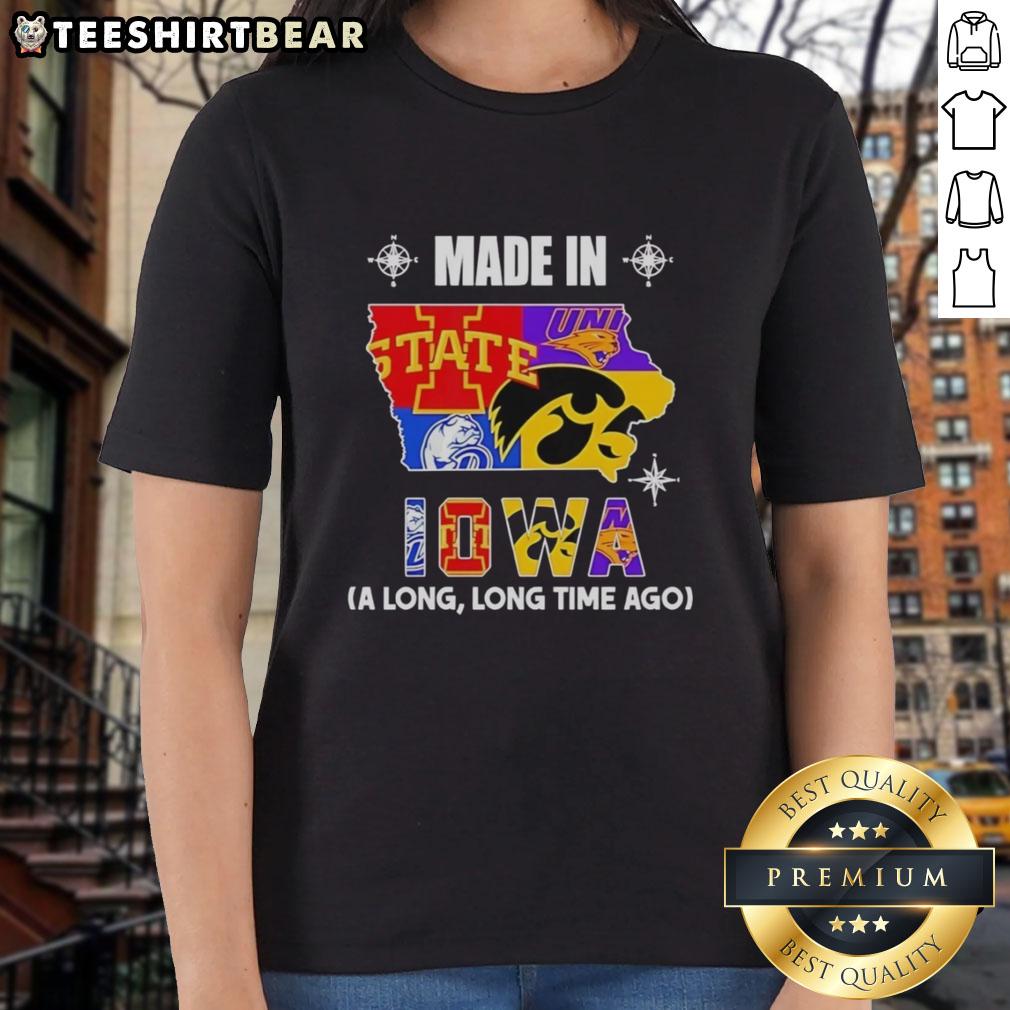 Official Made in Iowa Long Long Time Ago State Mashup Logo on a Ladies Tee, showcasing Iowa pride and vintage style.