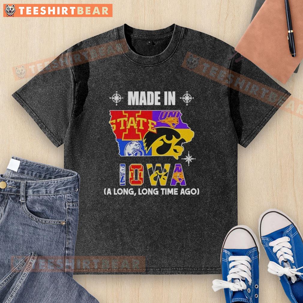Official Made In Iowa Long Long Time Ago State Mashup Logo on a washed t-shirt for fans of Iowa pride and style.