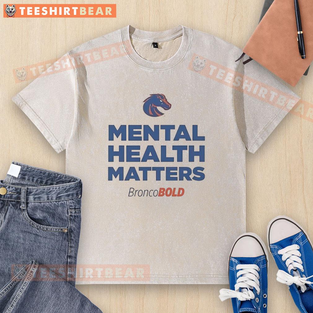 Official Boise State Broncos washed t-shirt promoting mental health awareness with vibrant team colors and logo.