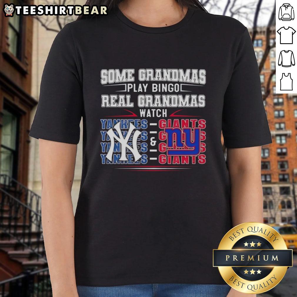 Real grandmas watch New York Yankees and New York Giants while playing bingo in this fun ladies tee design.