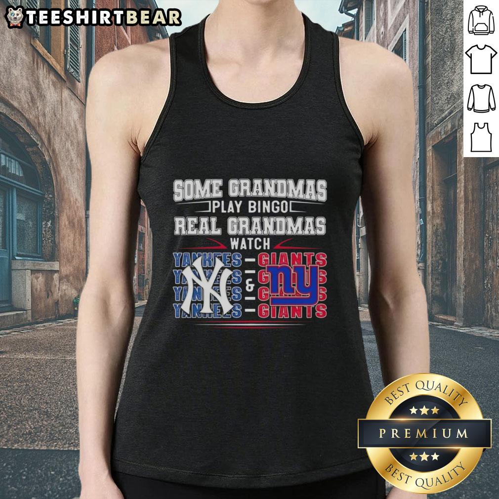 Grandmas in tank tops cheer for the New York Yankees and Giants while playing bingo at a lively game night.