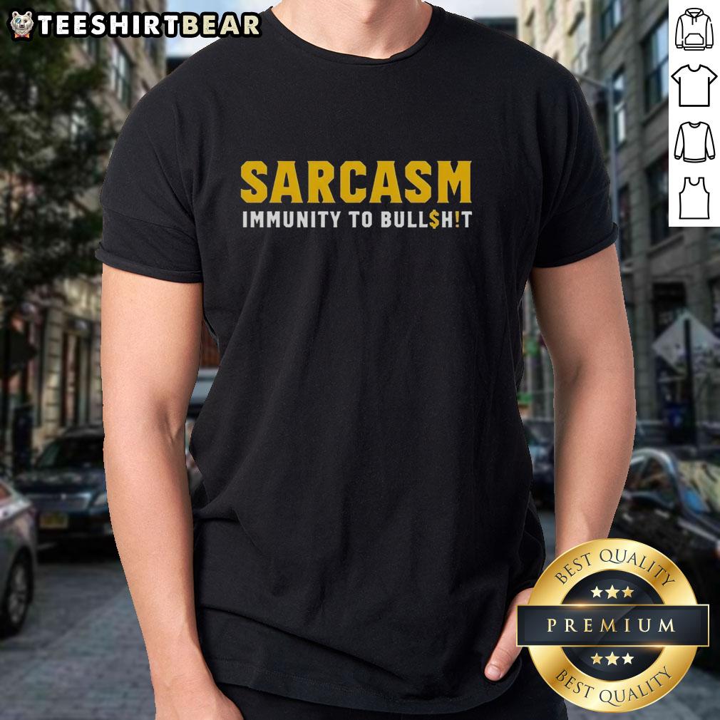 Official Sarcasm Immunity To Bullshit T-Shirt featuring bold text design in black and white, perfect for humor lovers.