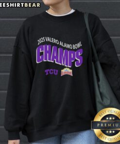 Alt Text: TCU Horned Frogs Football 2025 Valero Alamo Bowl Champions sweatshirt, celebrating the victory on December 30 in San Antonio, TX.