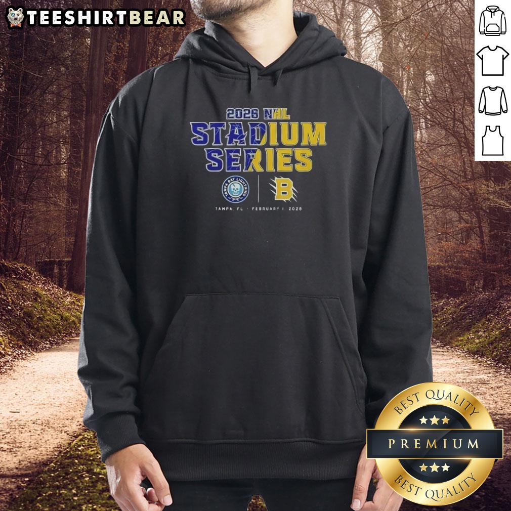 Alt Text: Official Tampa Bay Lightning vs Boston Bruins NHL 2026 Stadium Series match-up hoodie featuring team logos.