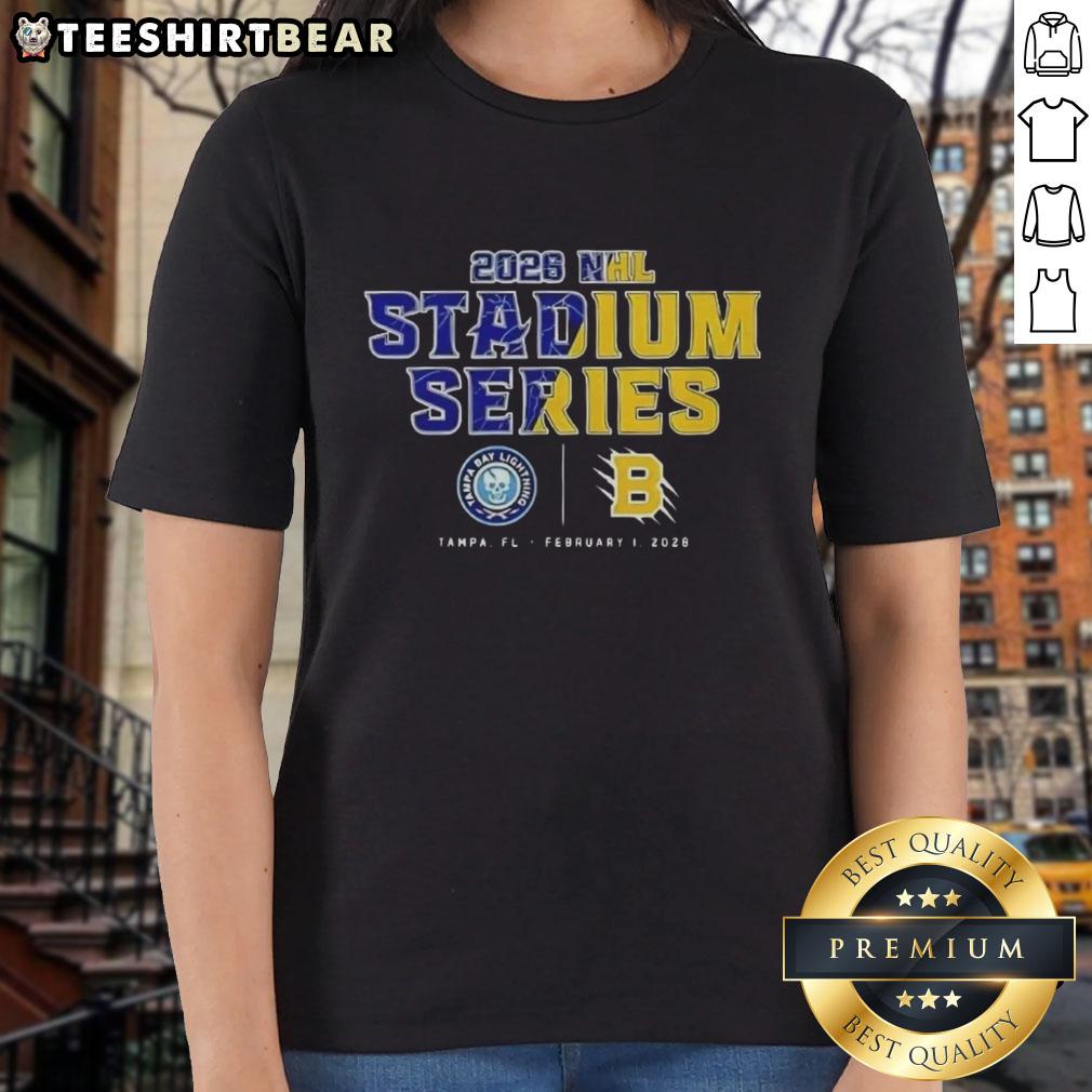 Official Tampa Bay Lightning vs Boston Bruins NHL 2026 Stadium Series match-up ladies tee, featuring team logos and vibrant design.
