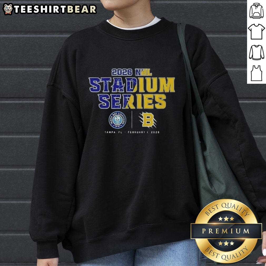 Official Tampa Bay Lightning vs Boston Bruins NHL 2026 Stadium Series sweatshirt featuring team logos and vibrant colors.