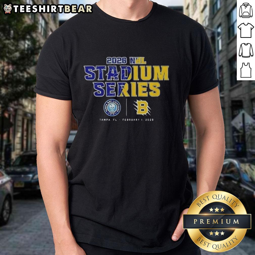 Official Tampa Bay Lightning vs Boston Bruins NHL 2026 Stadium Series T-Shirt featuring team logos and vibrant design.