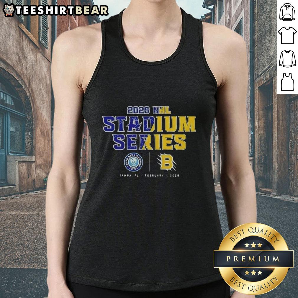 Alt Text: Official Tampa Bay Lightning vs Boston Bruins NHL 2026 Stadium Series match-up tank top showcasing team logos.
