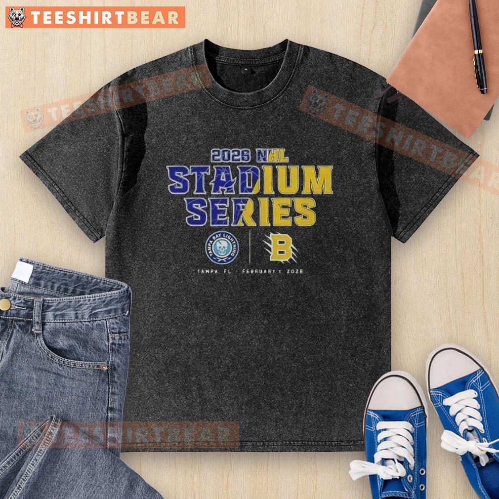 Alt Text: Official Tampa Bay Lightning vs Boston Bruins NHL 2026 Stadium Series match-up washed t-shirt design.
