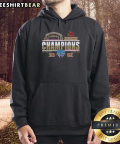 Alt Text: Texas State Bobcats 2026 Armed Forces Bowl Champions hoodie displayed in locker room, showcasing team pride and victory.