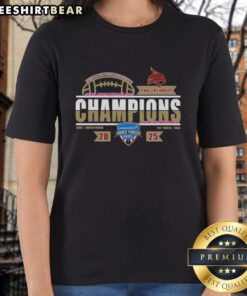 Alt Text: Official Texas State Bobcats 2026 Armed Forces Bowl Champions Ladies Tee in team locker room setting.